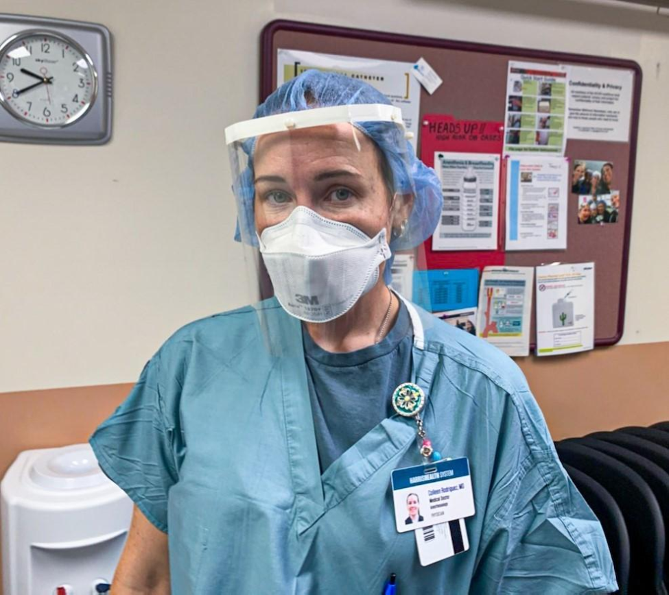 Photo of Colleen Rodriguez, MD, wearing the new face shield to use while serving patients at Harris Health Lyndon B. Johnson (LBJ) Hospital. (Photo credit: George Williams, MD)